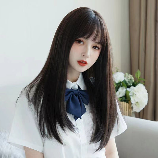 Women's Long Collarbone Length Haircut Air Bangs Natural Fluffy Short Round Real Hair Wig