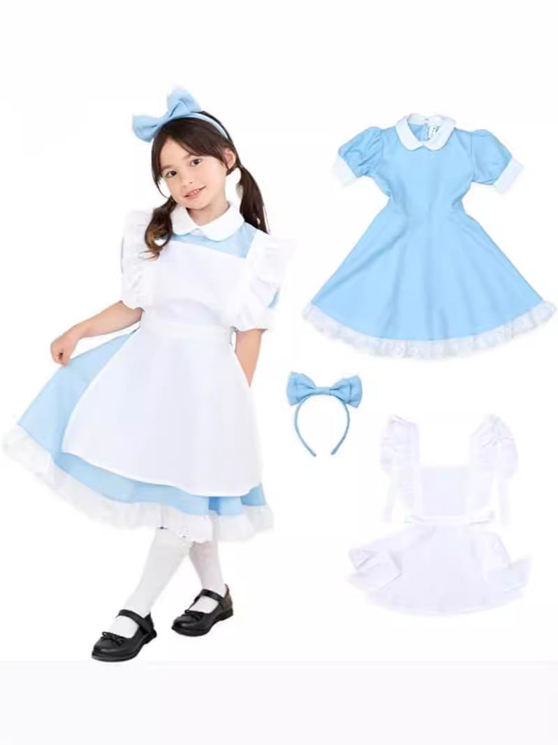 In Wonderland Maid Costume Blue White Clothes Birthday Princess Hair Children's Dress
