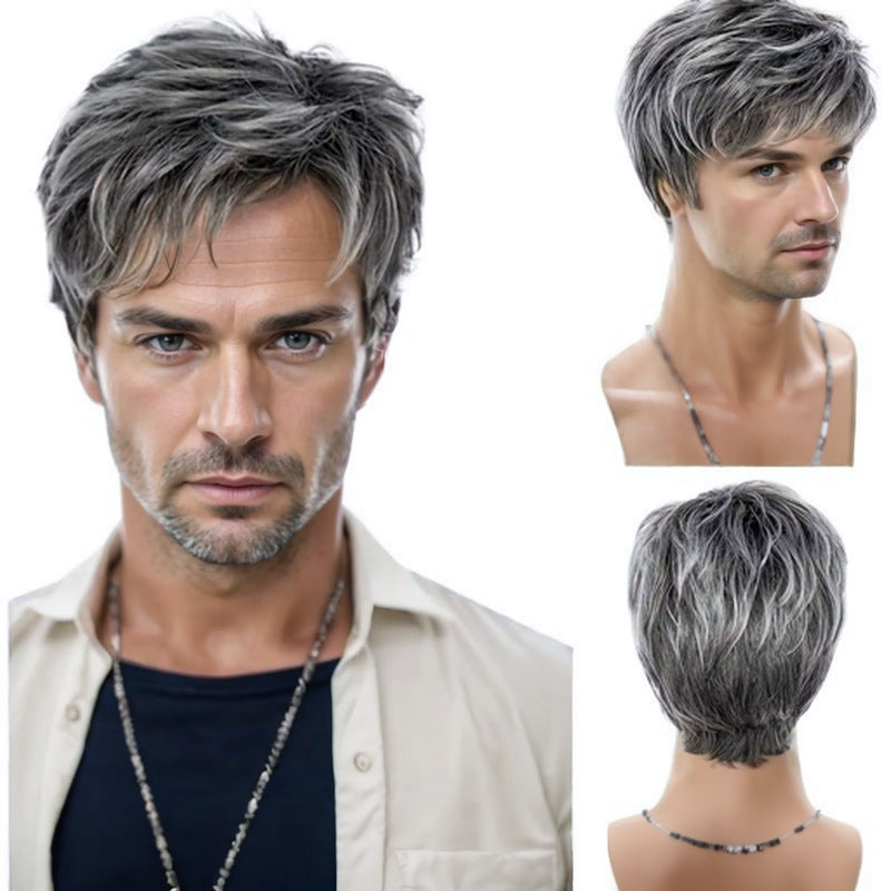 Handsome Man Head Cover Gradient Gray Wig Short Straight Hair
