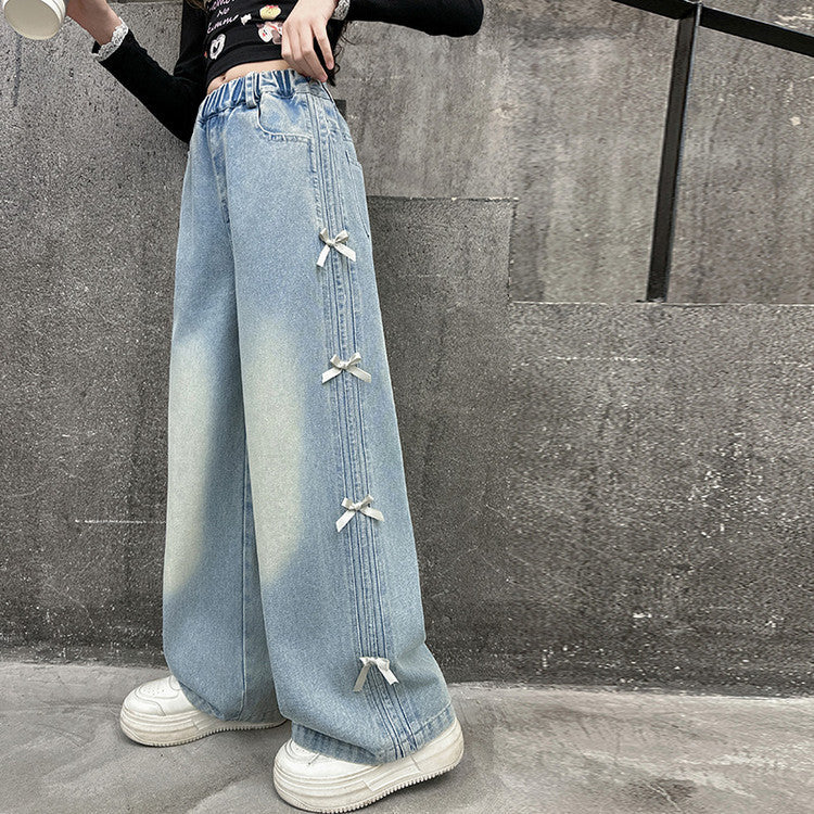 Jeans Spring Side Bow Pull-up Medium Children's Pants