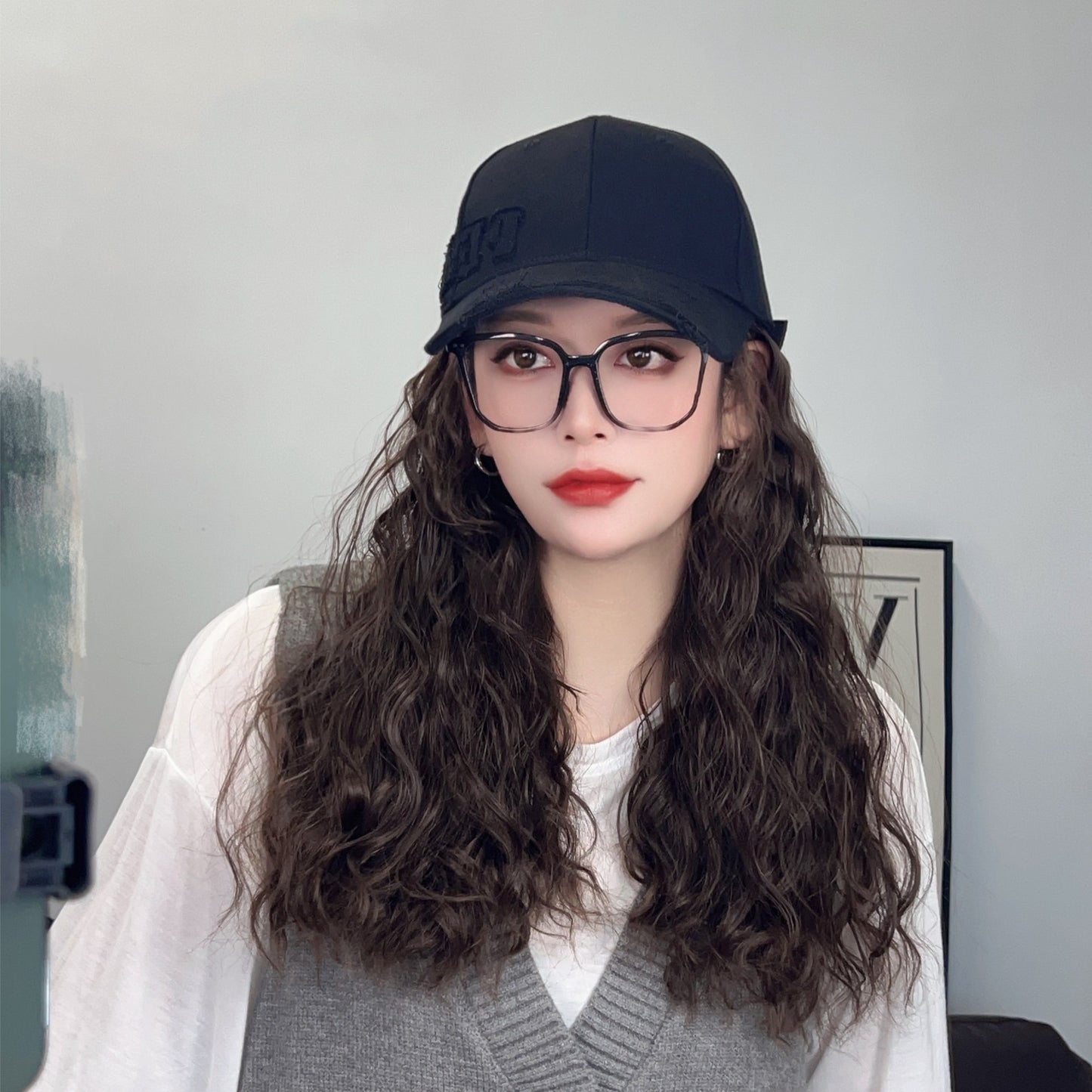 Side Seam Label Peaked Cap Baseball Integrated Trend Hat Wig Long Curls