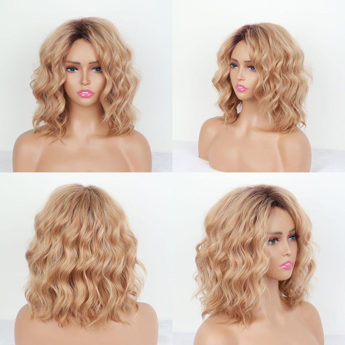 Women's Brown Dyed Water Ripple Head Cover Wig Short Curly Hair