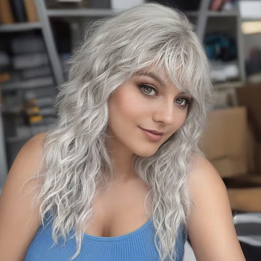 Women's White Fluffy Water Ripple Curly Hair Fiber Synthetic Wig Long Curls