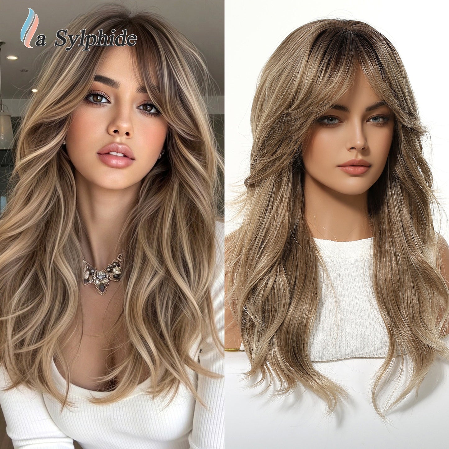 Live Broadcast Brown Golden Gradient Rose Net Mechanism Bangs Fashion Wig Long Curls
