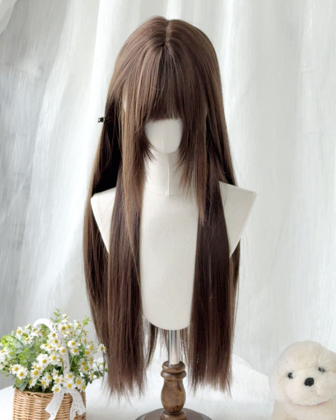 Cute Female Daily Natural Bangs Black Royal Sweet Long Straight Wig