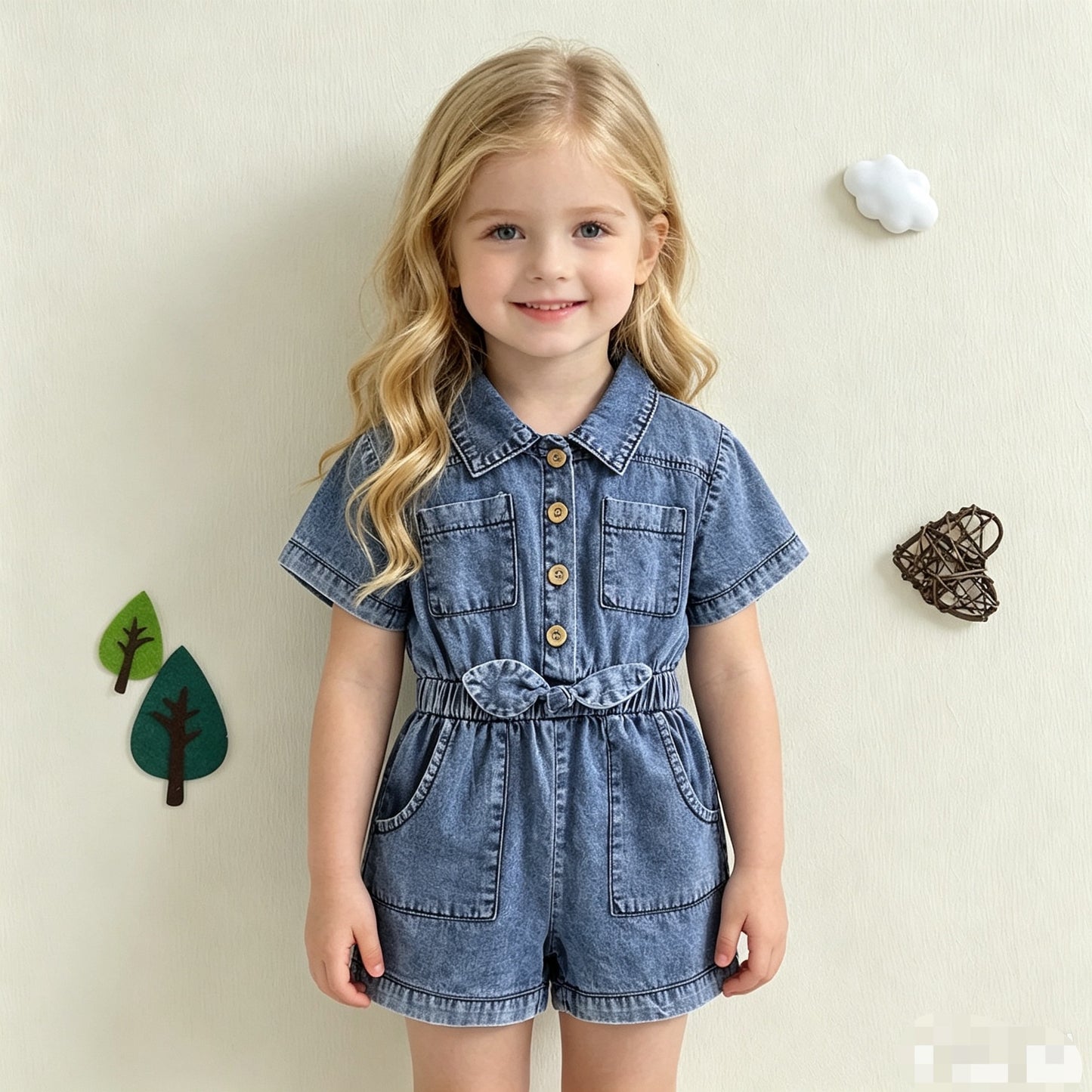 Summer Jumpsuit Denim Short-sleeved Lapel Jeans Children's Pants