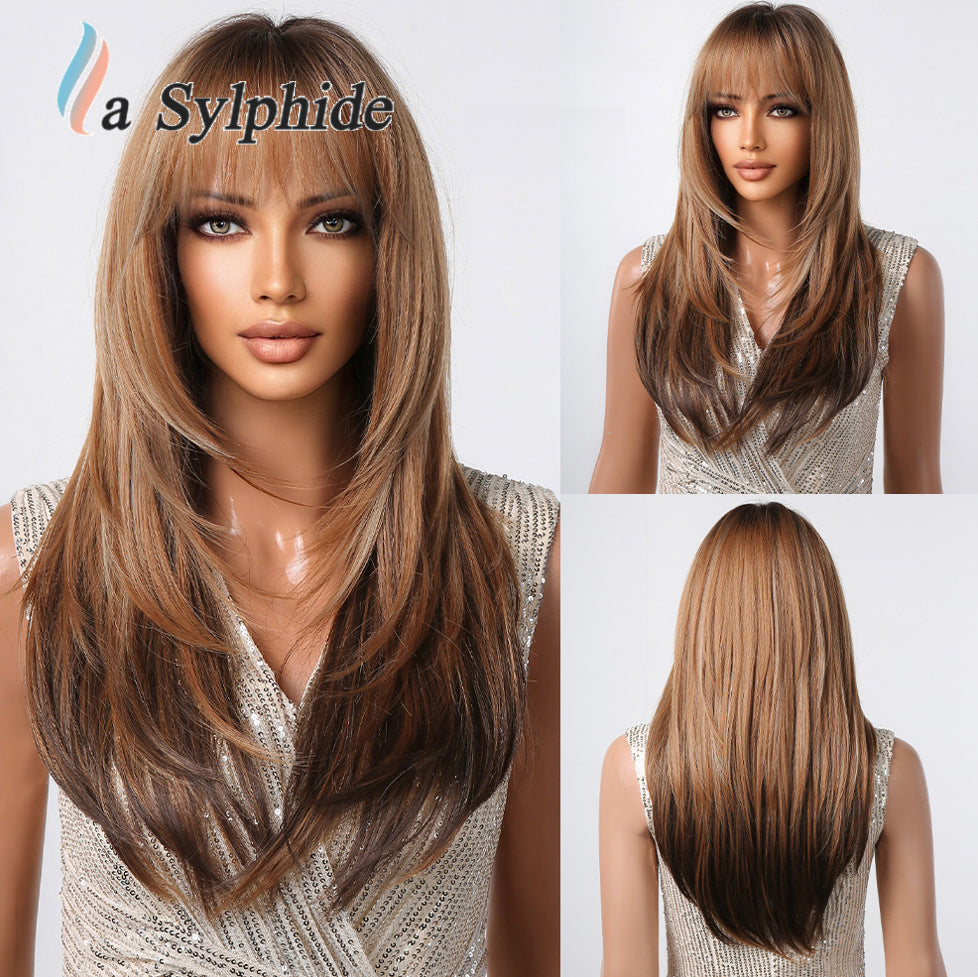 Bangs Summer Level Red Hair Rose Net Long Straight Wig