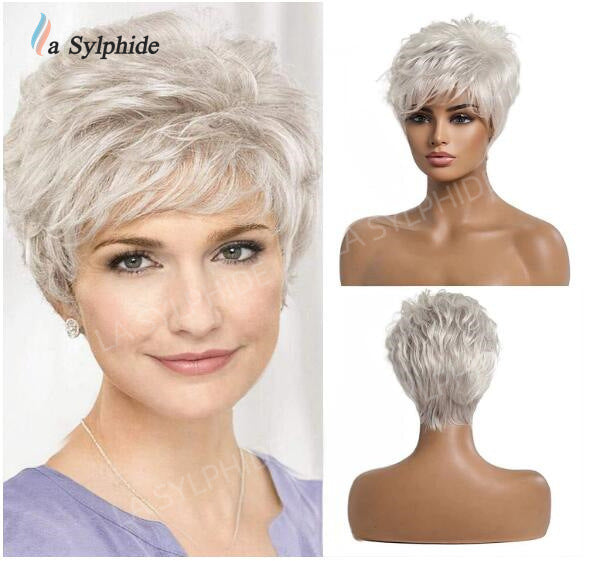 Chemical Fiber Texture Gray White Rose Net Man Wig Short Straight Hair