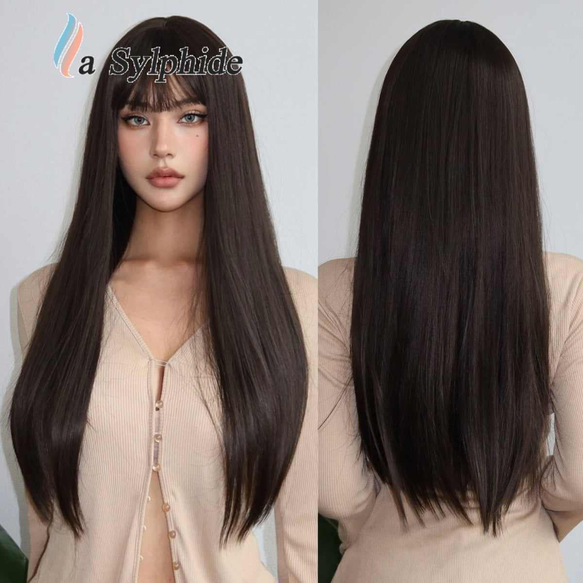 Female Air Bangs Brown Gradient Golden Long Straight Wig