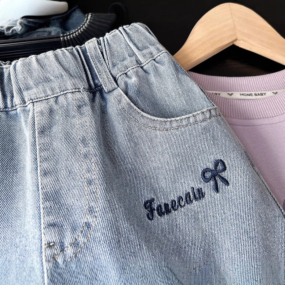 Children's Clothing Autumn Embroidered Bow Jeans Casual Children's Pants