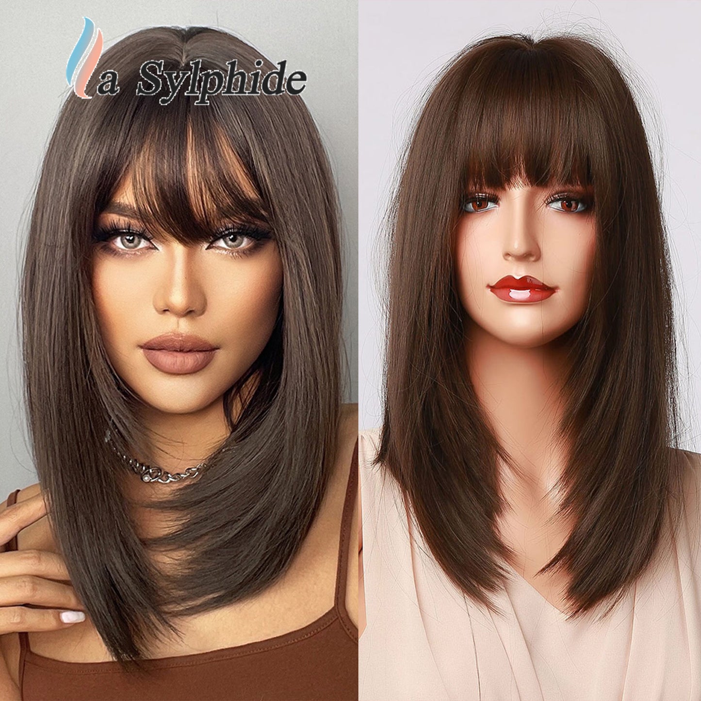 Black Female Bangs Head Brown Chemical Fiber Woven Long Straight Wig