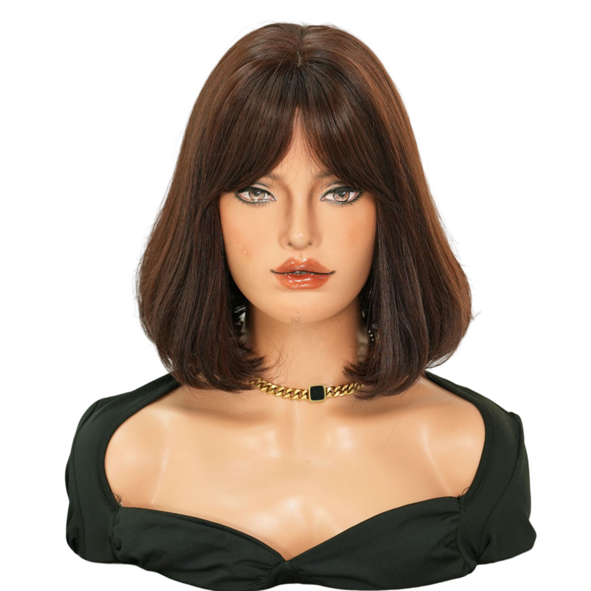 Layered Brown Short Straight Hair Bangs Wig Long Curls