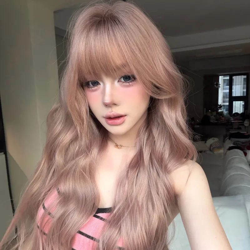 Hair Universal Daily Peach Oolong Natural Wig Long Curls