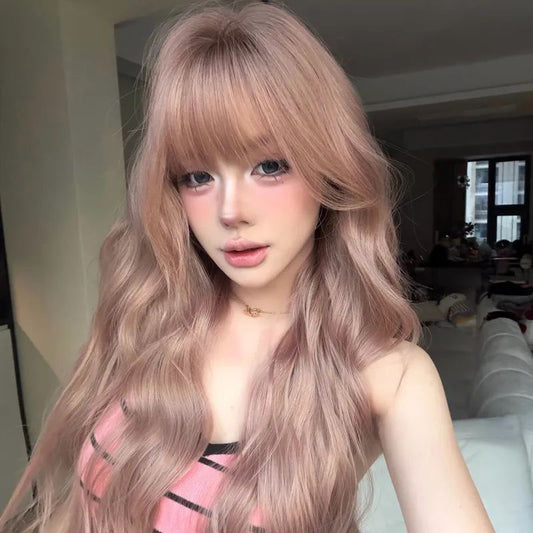 Hair Universal Daily Peach Oolong Natural Wig Long Curls