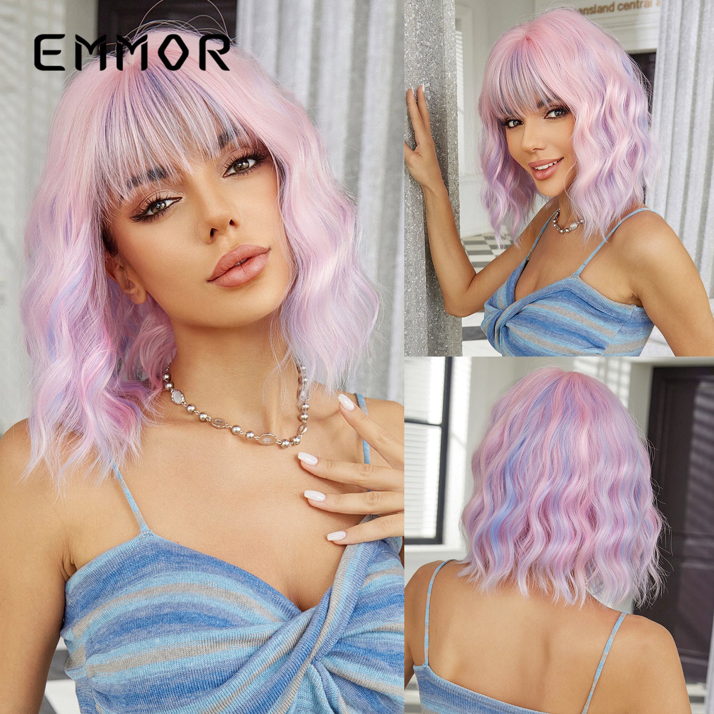 Female Natural Straight Bangs Realistic Golden Wig Short Curly Hair