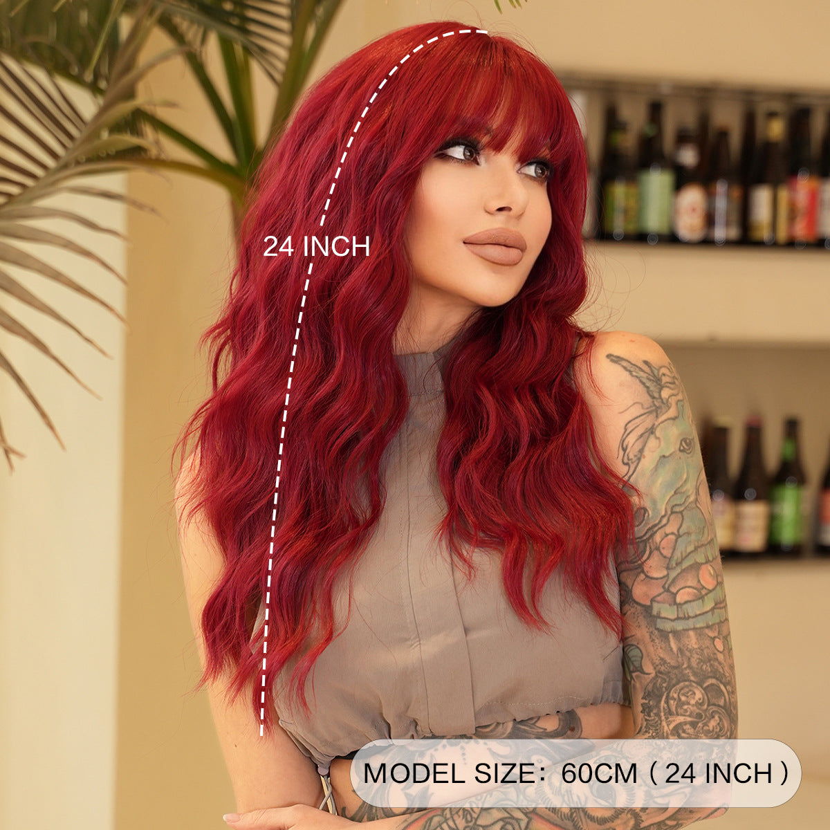 Women's Charming Red Small Straight Bangs Wavy Wig Long Curls