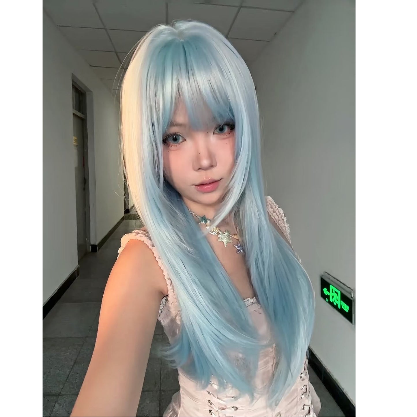 Ice Blue Female Daily Hair Realistic Long Straight Wig