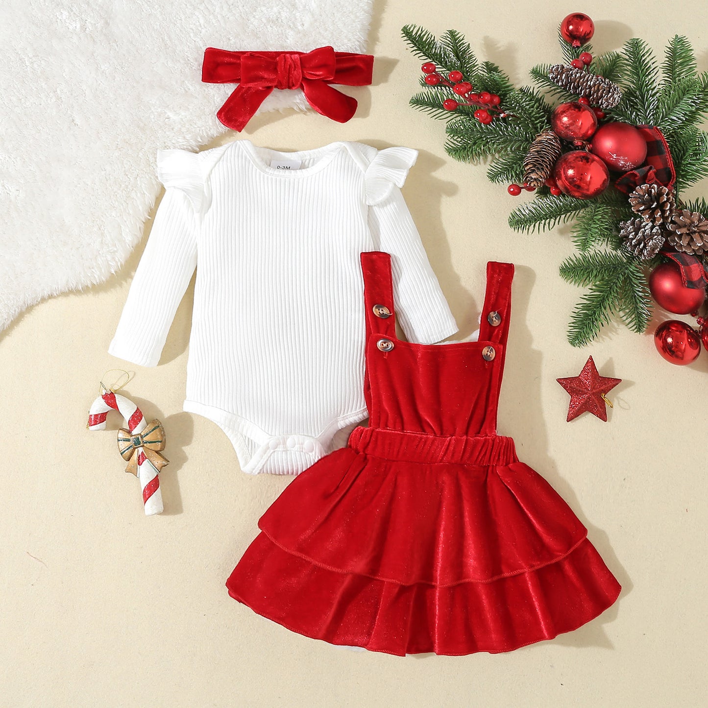 Christmas Infant Toddler Sunken Stripe Jumpsuit Solid Color Children's Suit
