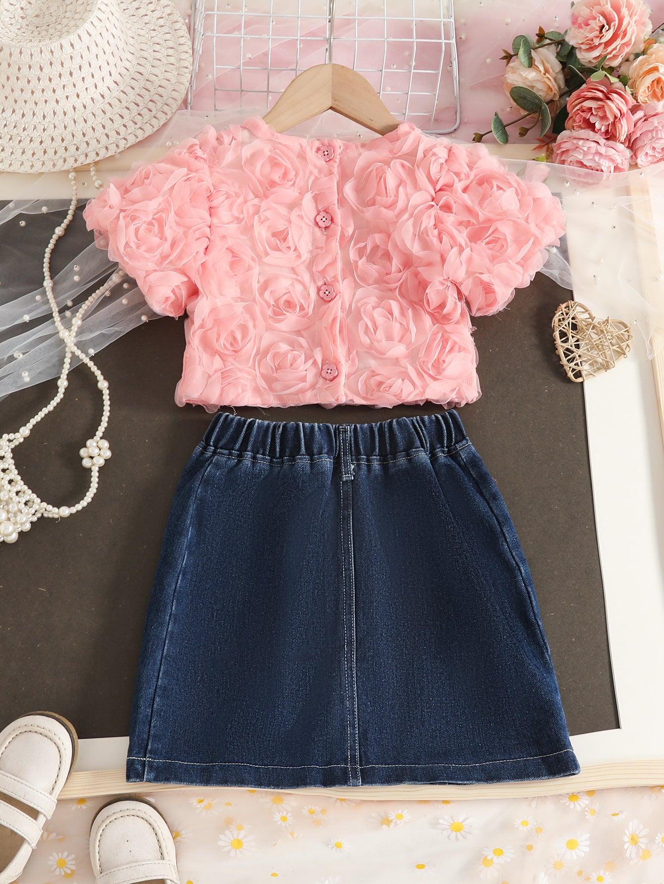 Three-dimensional Rose Short-sleeved Shirt Love Denim Skirt Children's Suit