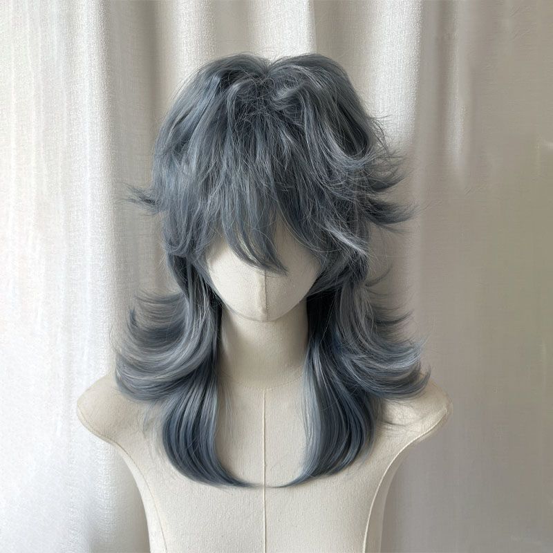 Women's & Men's Blue Wolf Tail Hair Anchovy Sweet Cool Level Handsome Fashion Long Straight Wig