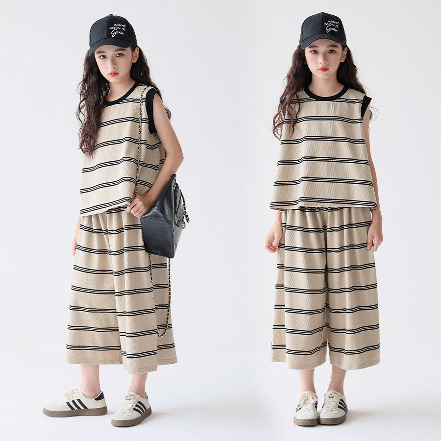 Women's & Children's Trendy Sleeveless Striped Oversized Culottes Older Leisure Children's Suit