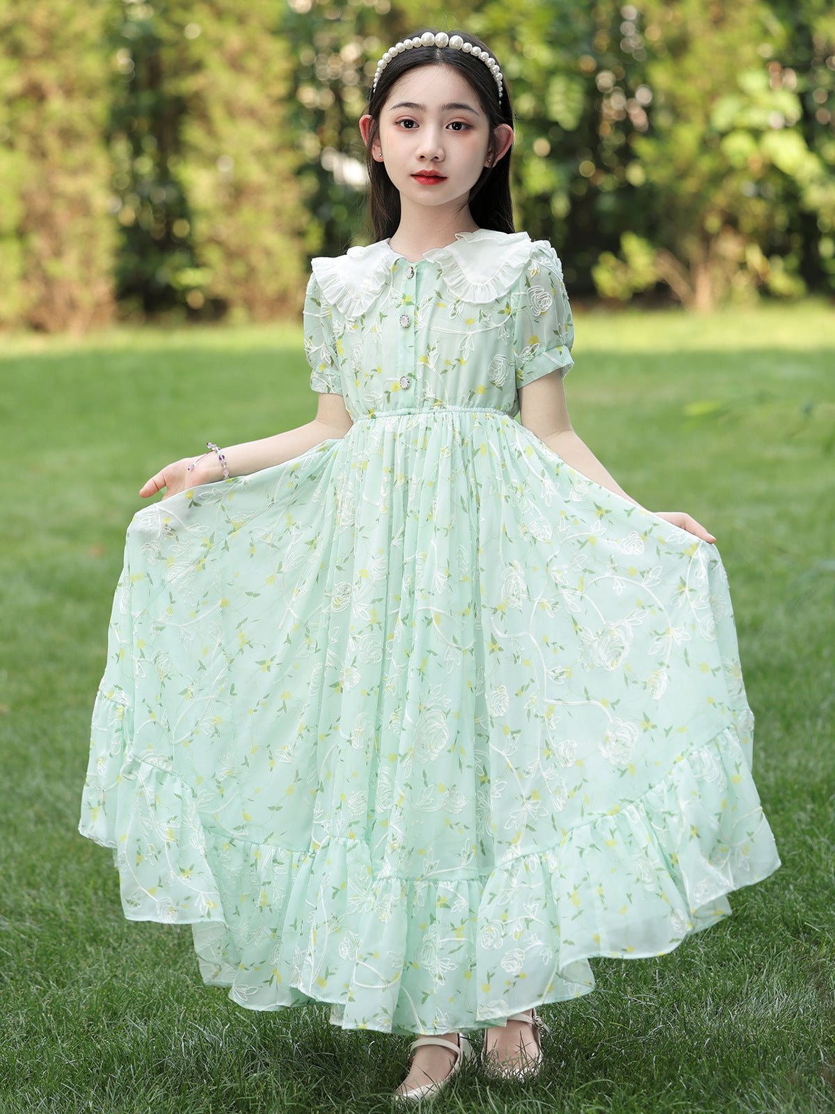 Children's Summer Princess Western Style Medium Big Floral Children's Dress
