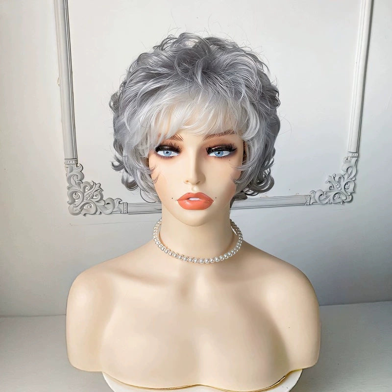 Women's Head Fluffy Side Bangs Gray White Fiber Piece Wig Short Curly Hair