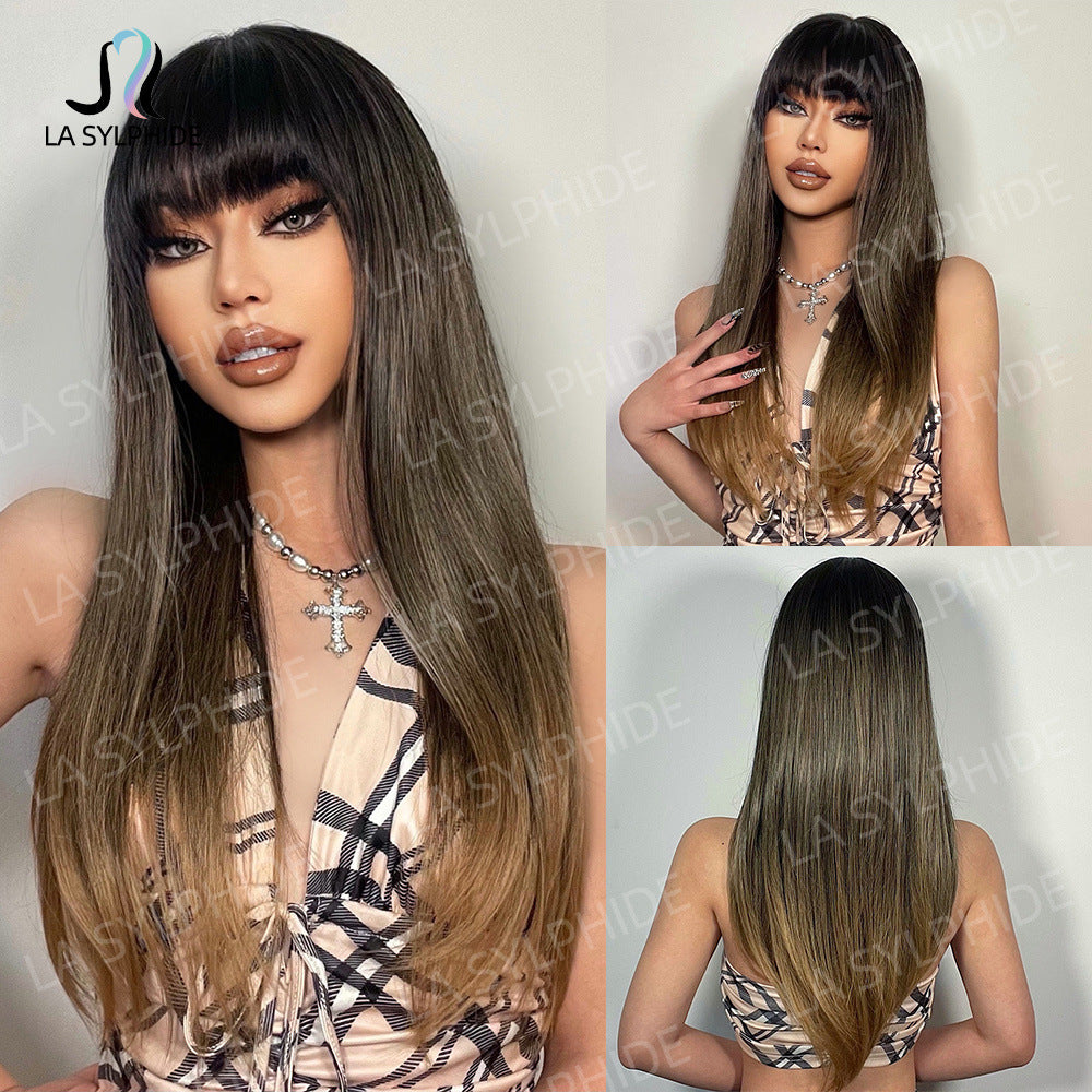 Female Brown Hair Hood Chemical Fiber Mechanism Simulation Natural Long Straight Wig