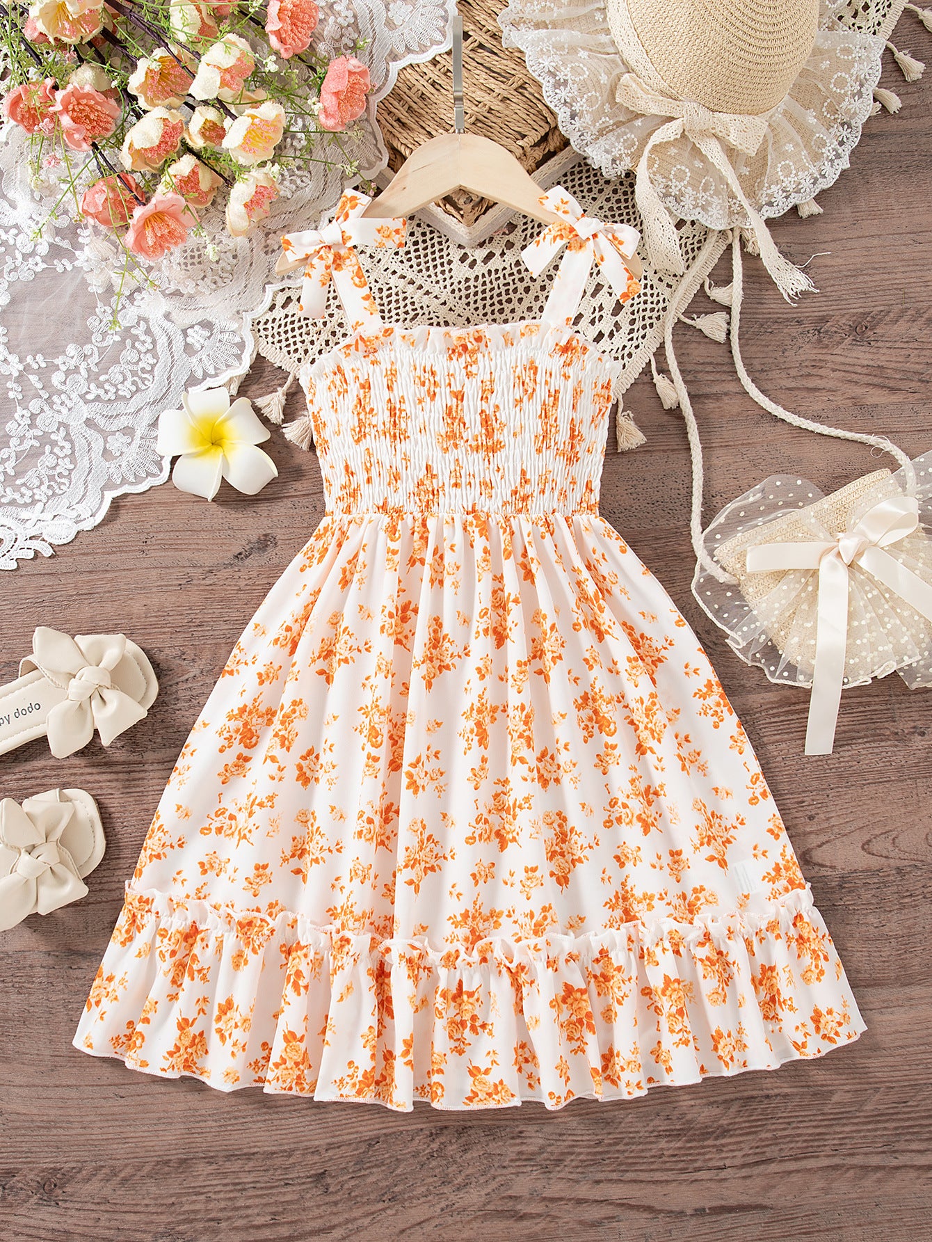 Casual Flower Print Smocking Bow Ruffled Children's Dress