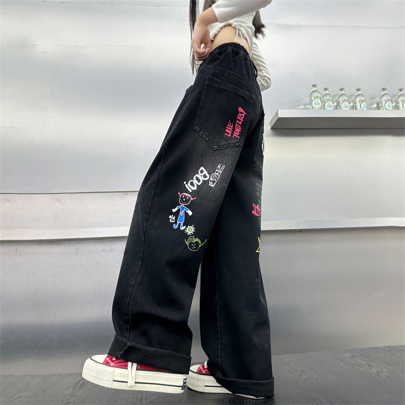 Boys Jeans American Style Iti Printing Wide Leg Fried Children's Pants