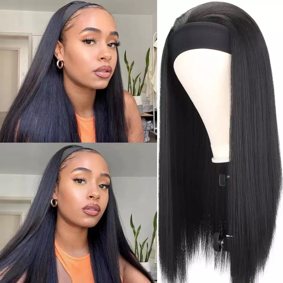 Women's Turban Hair Black Chemical Fiber Band Long Straight Wig