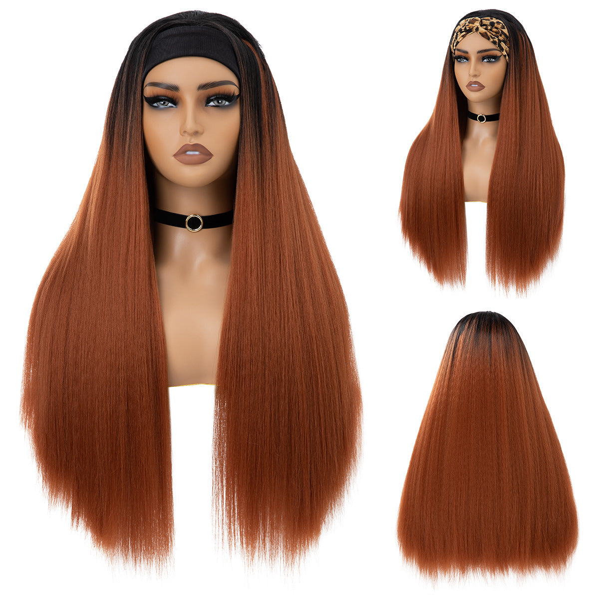 Popular Female Black Simulation Fluffy Headband Long Straight Wig
