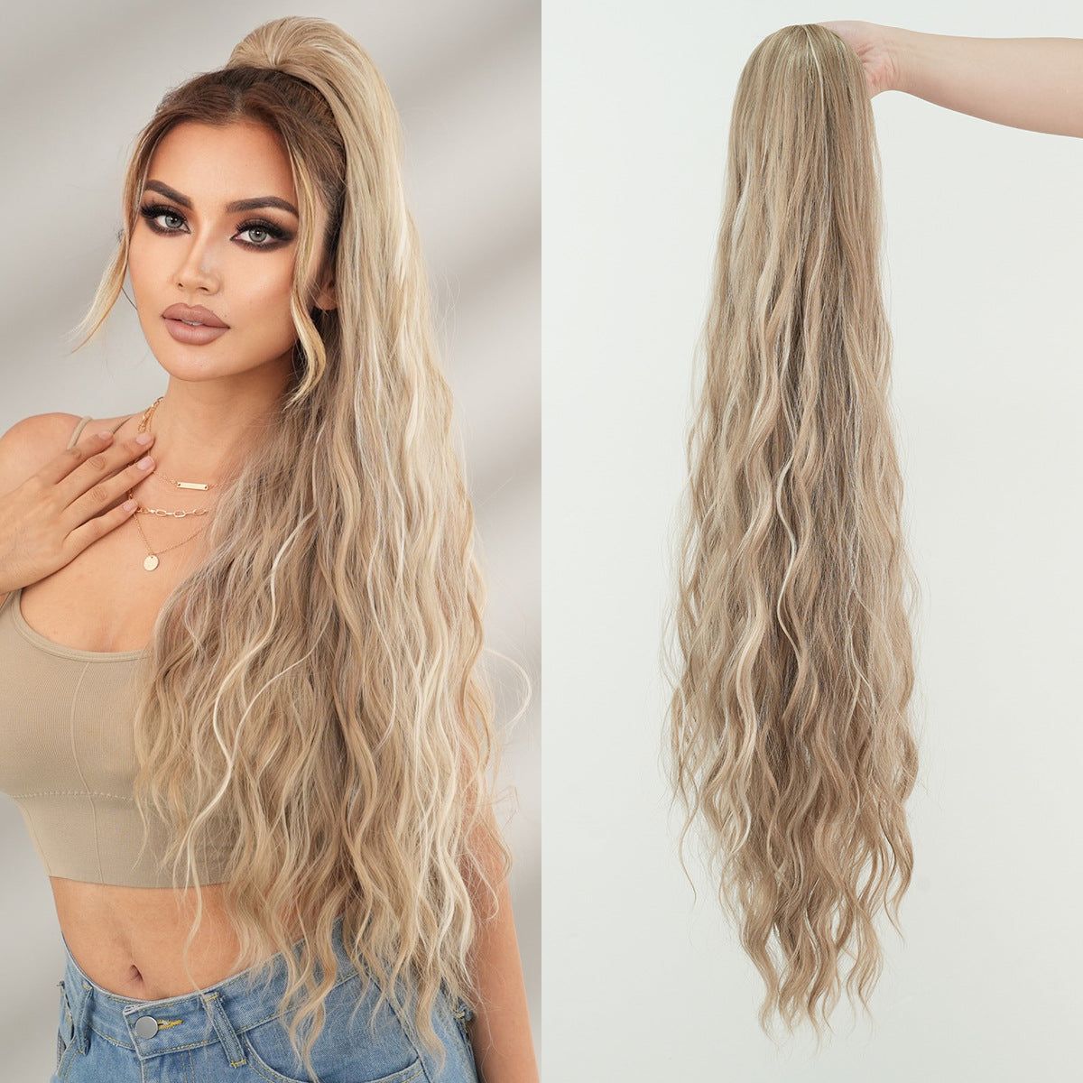Inch Extra Long Curl Drawstring Net Pocket Elastic Water Wig Ponytail