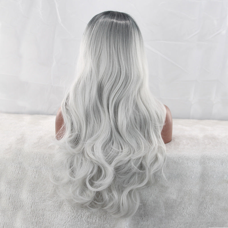 Women's Fiber Mid-length Curly Hair Black Gradient Sier Gray Big Wave Wig Long Curls
