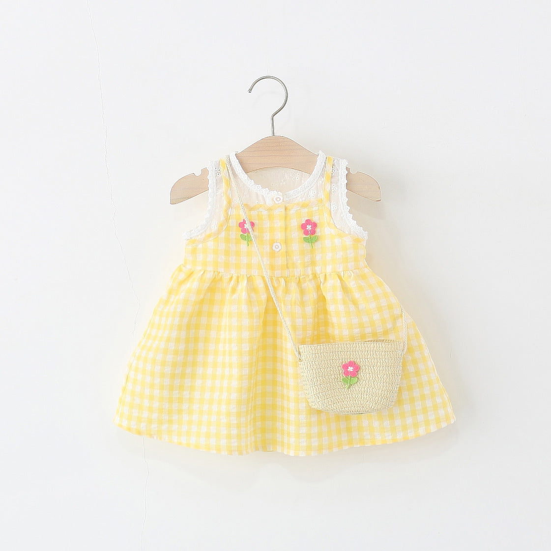 Children's One-piece Summer Fake Two-piece Plaid Small Flower Princess Children's Dress