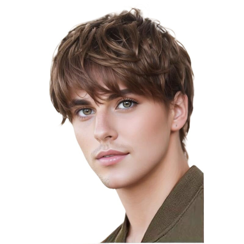 Men's Hair Brown Fluffy Black Curly Side Bangs Men's Wig