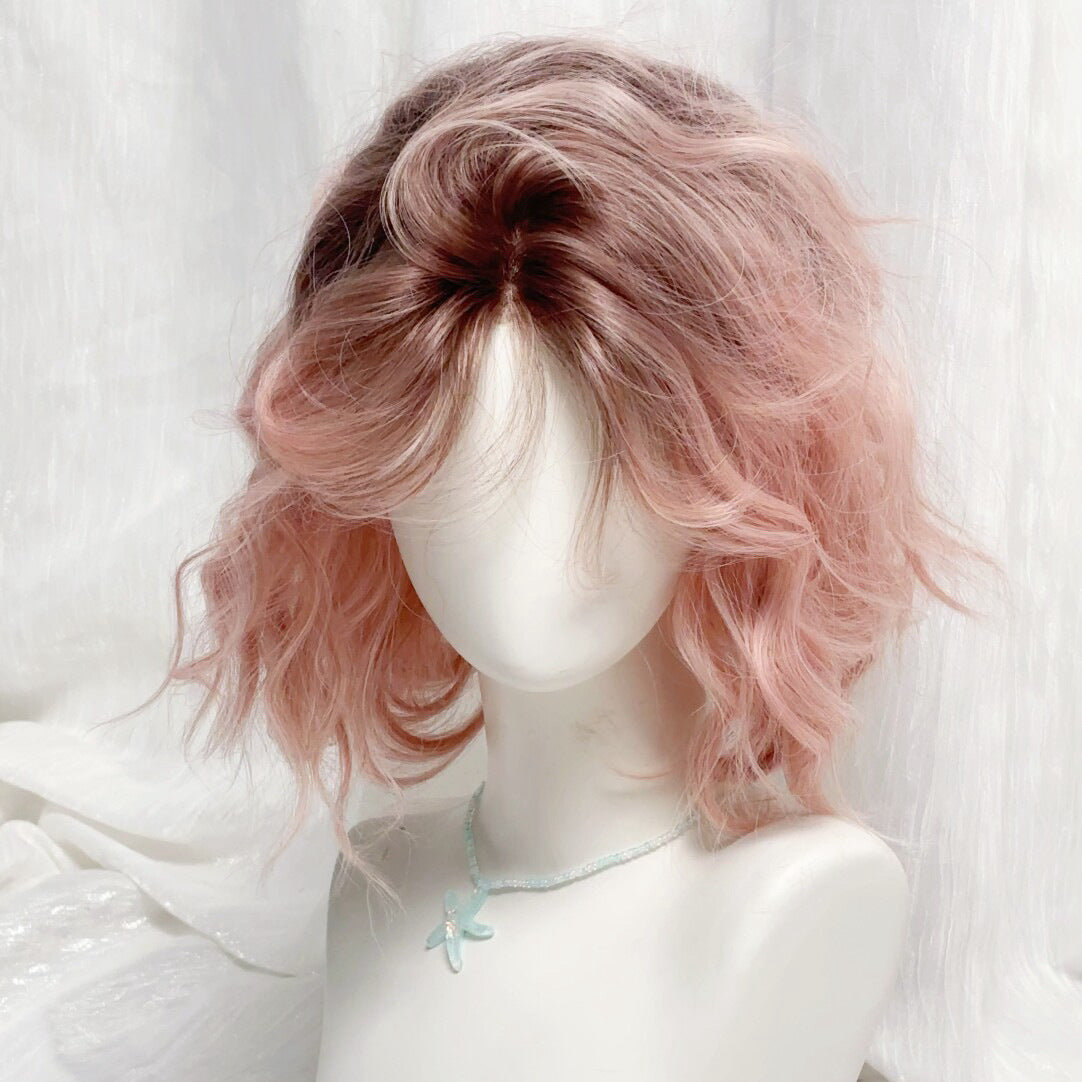 Pink Gradient Egg Roll Artificial Daily Wig Short Curly Hair