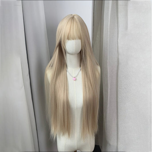 Women's Light Golden Hair White Female Mori Style Team Full Top Long Straight Wig