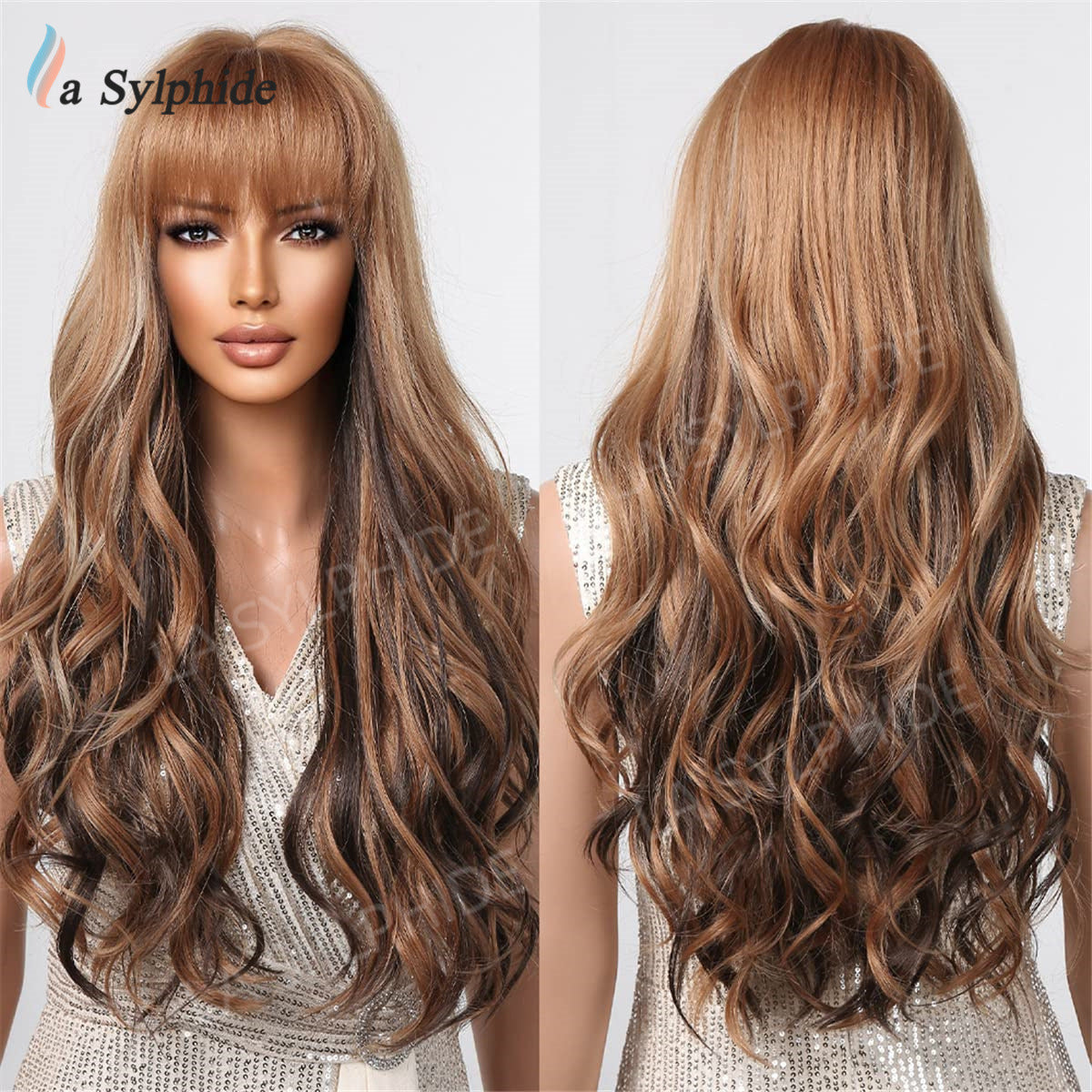 Fringe Curly Hair Highlights Brown Big Wave Wig Long Curls