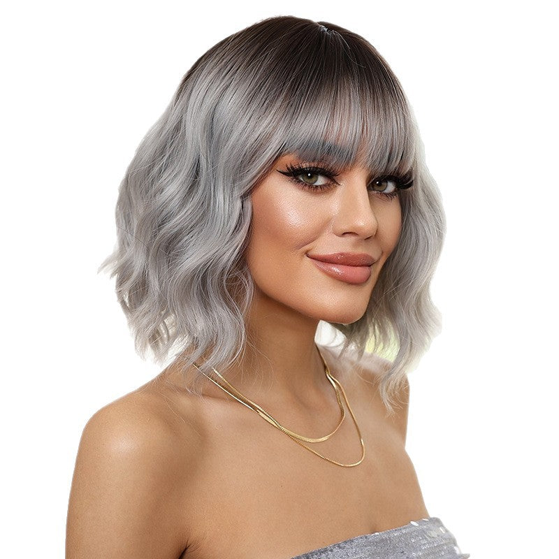 Female Black Gradient Granny Grey Fashion Chemical Fiber Wig Short Curly Hair
