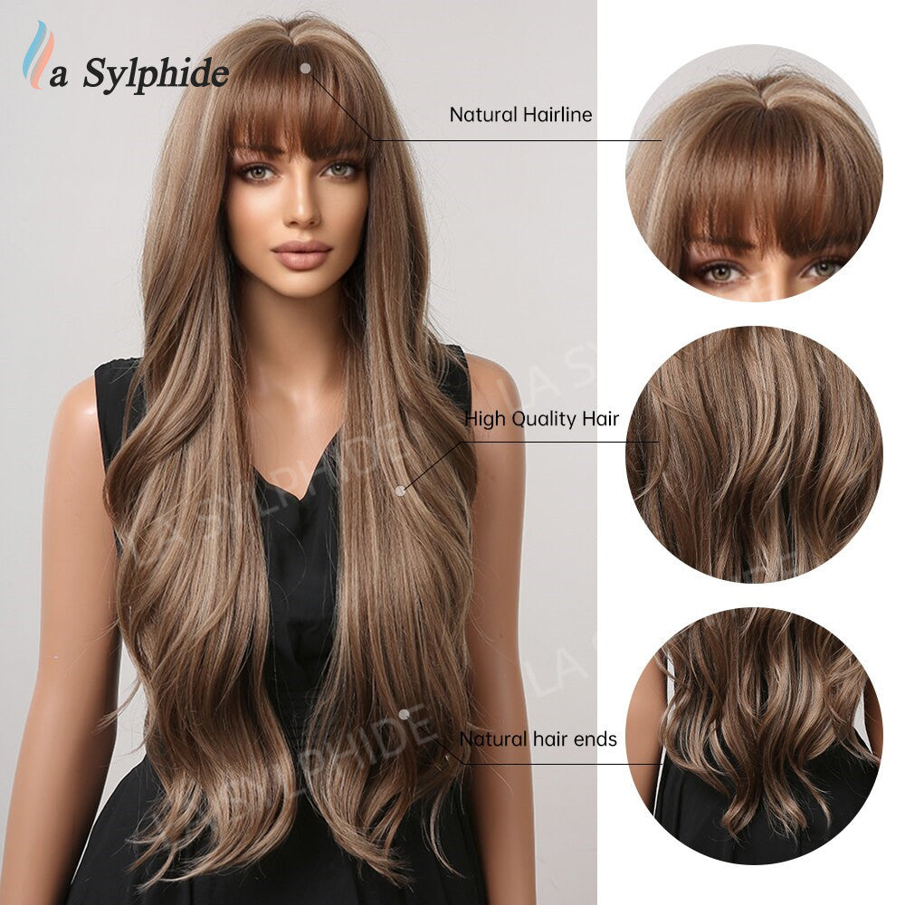 Curly Female Bangs Brown Golden Purple Wig Long Curls