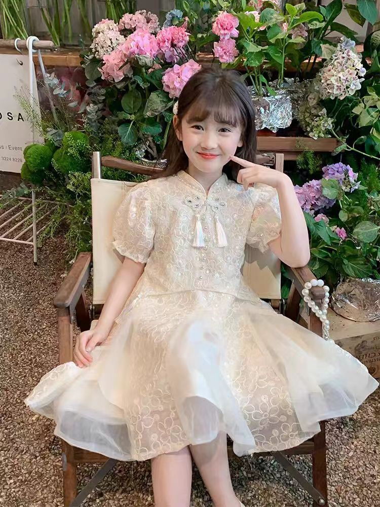 Children's Style Han Costume Summer Cheongsam Puff Sleeve Mesh Children's Dress