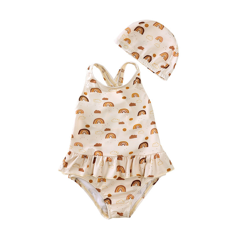 Backless Floral One-piece Swimsuit Cartoon Bikini Jumpsuit, Climbing Suit