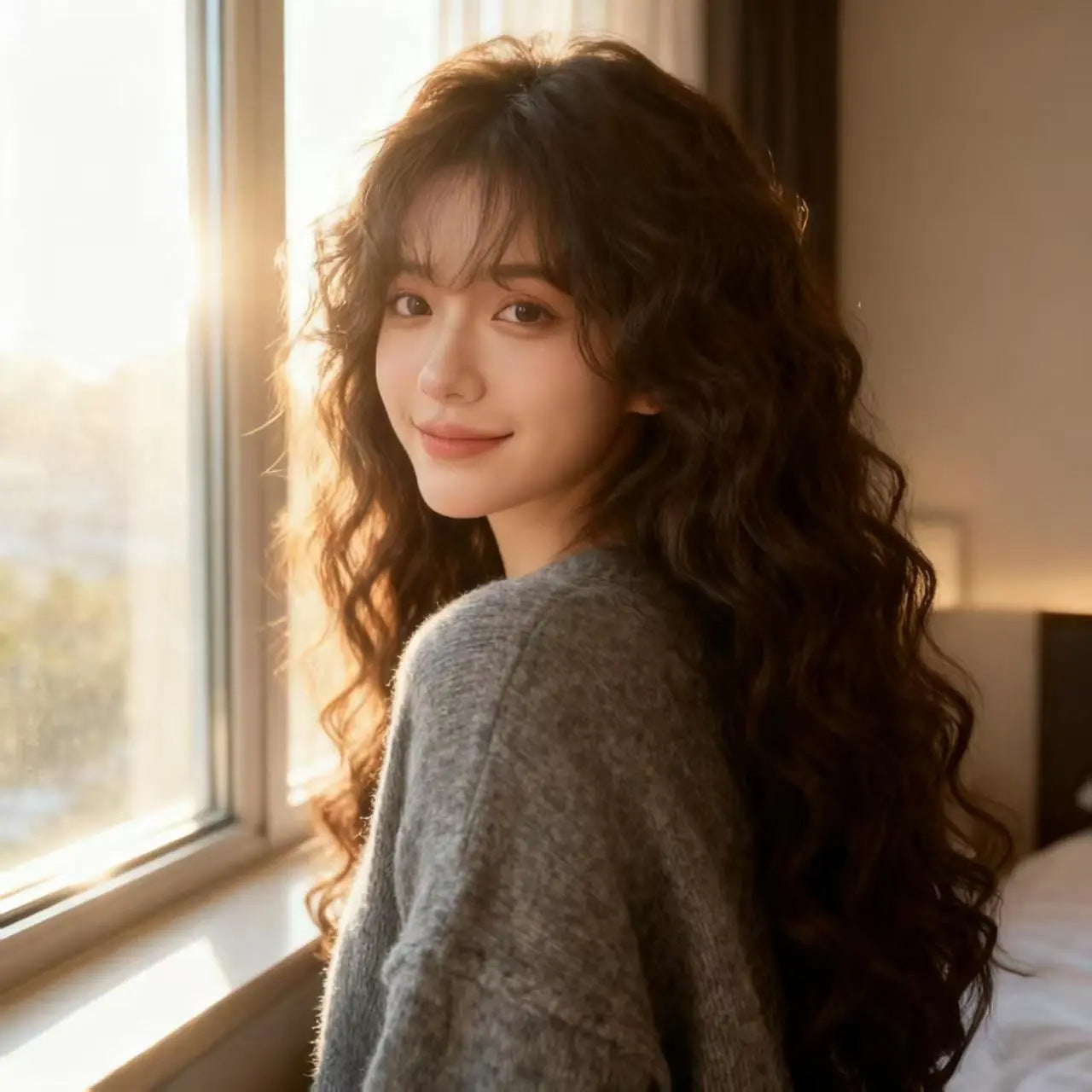 Bangs Cold Brown Temperament Light Whole Wig Long Curls