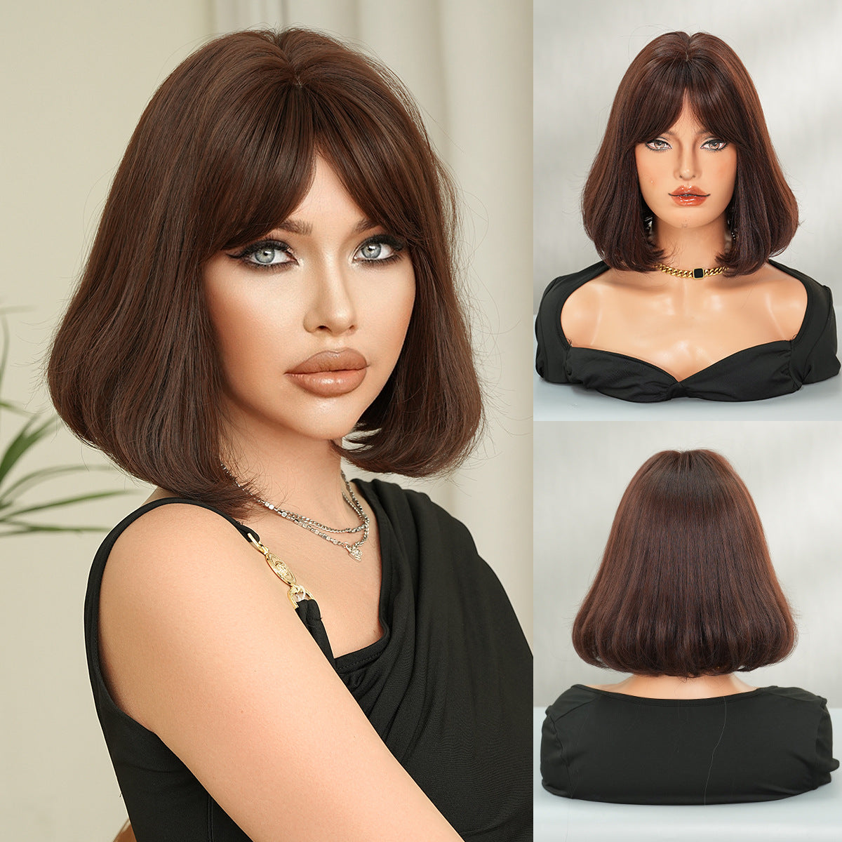Layered Brown Short Straight Hair Bangs Wig Long Curls