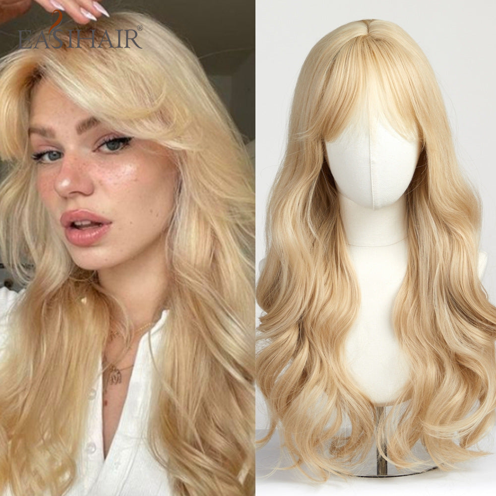 Women's Golden Curly Hair Bangs For Without Hand-woven Wig Long Curls