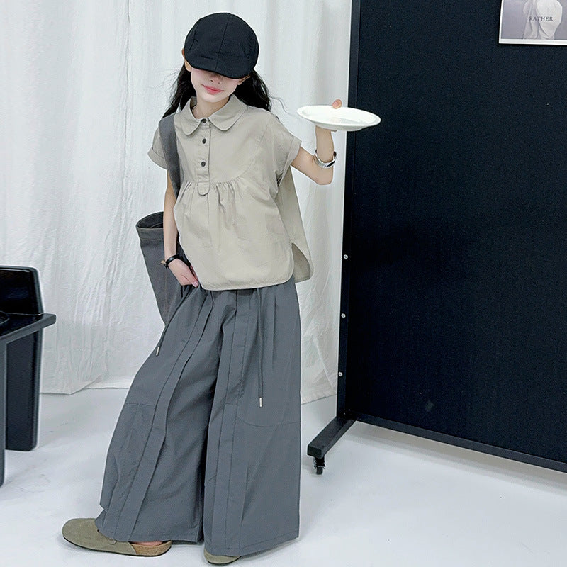 Cotton Summer The Big Doll Collar T-shirt Wide Leg Pants Children's Suit