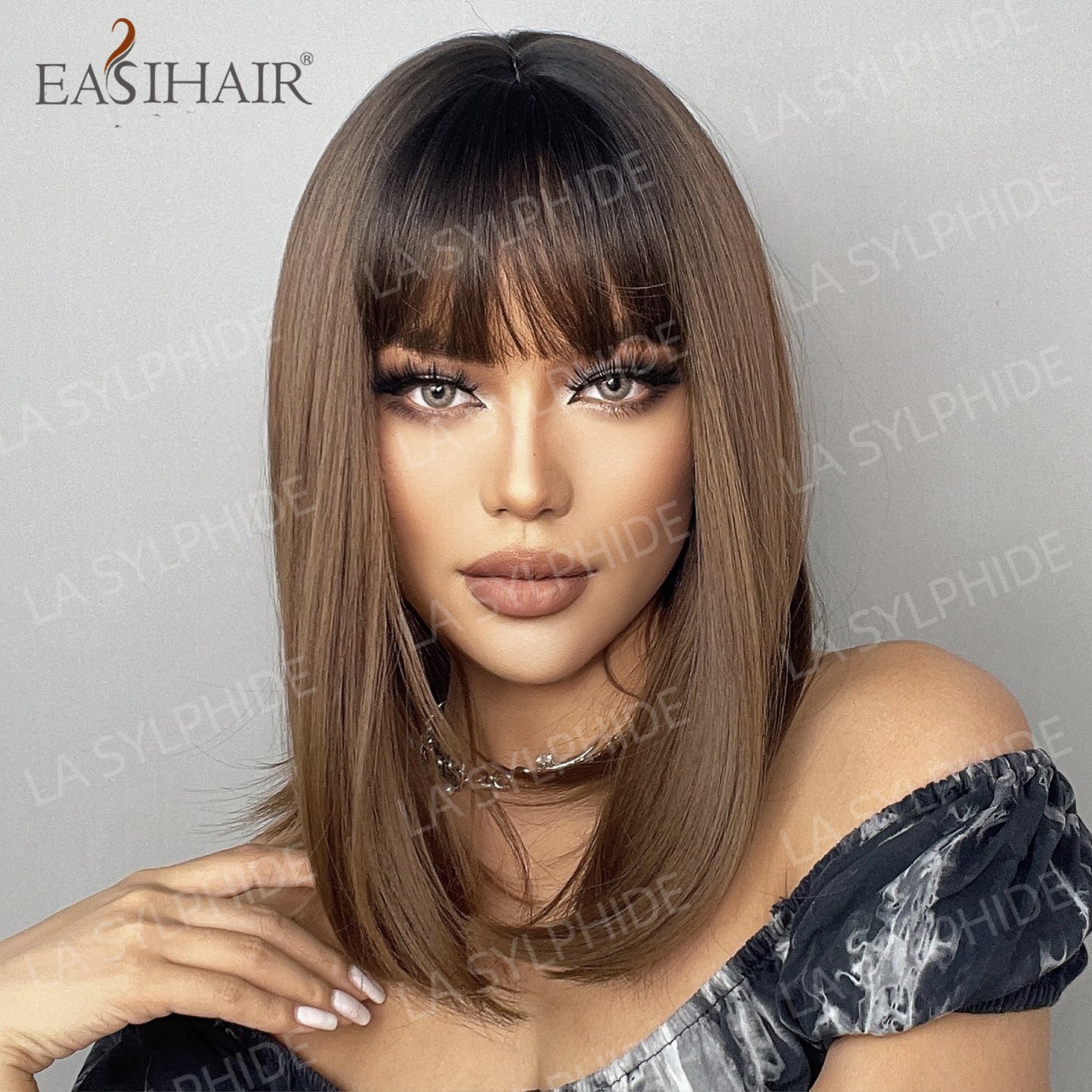 Synthetic Bob With Bang Brown Hair Long Straight Wig