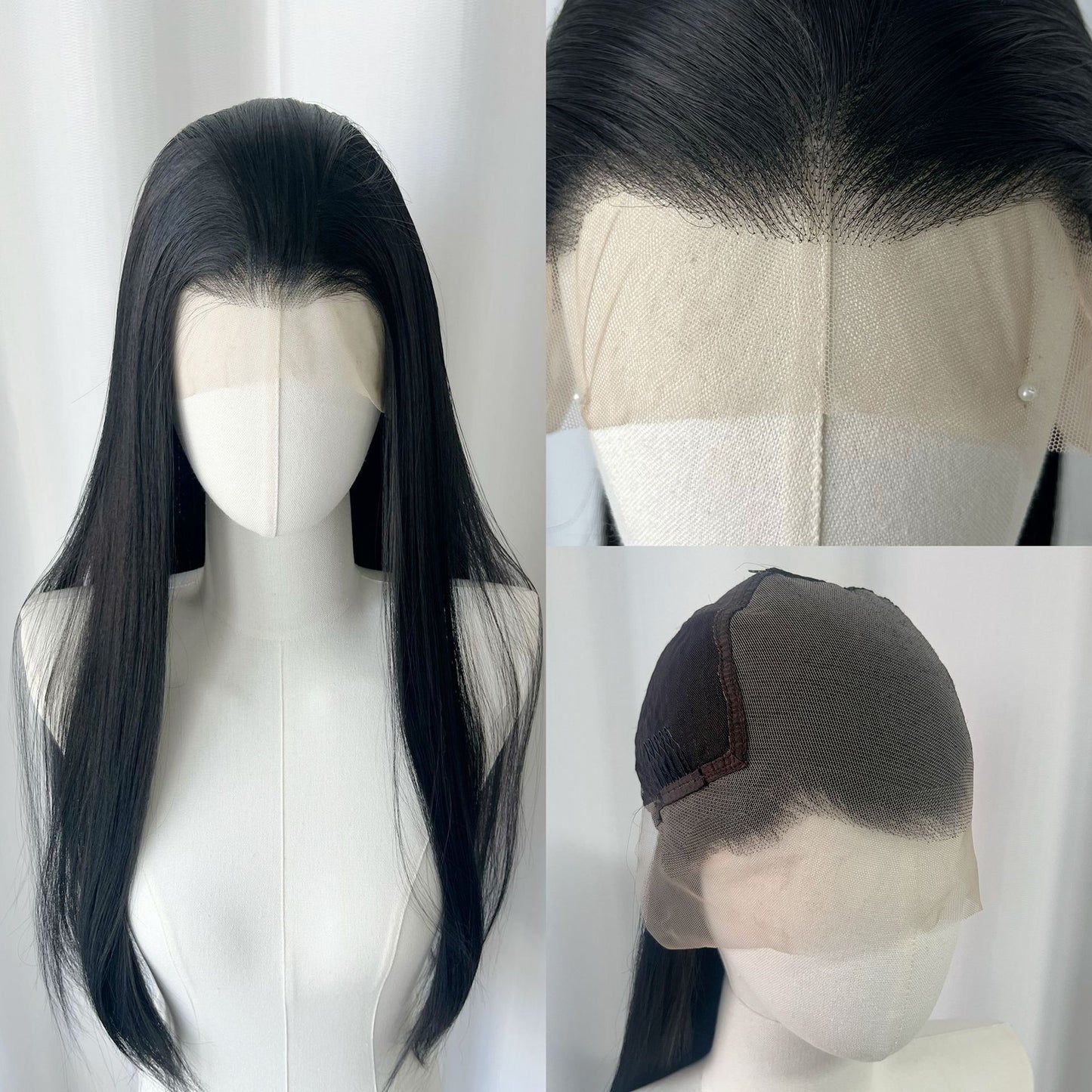 Universal Black Silk Hair Cover Embryo Hand Crocheting Forehead Lace Long Straight Wig