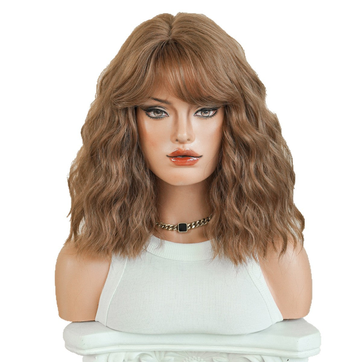 Short Curly Brown Female Fluffy Wavy Partial Bangs Wig Long Curls